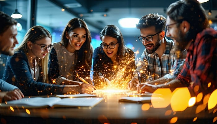 A dynamic team collaborating in an office environment with a touch of magic