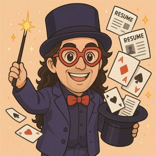 Cartoon-style magician with long dark hair, wearing a top hat, red glasses, red bow tie, and purple suit, smiling while holding a magic wand and a hat with playing cards and resumes flying out of it.